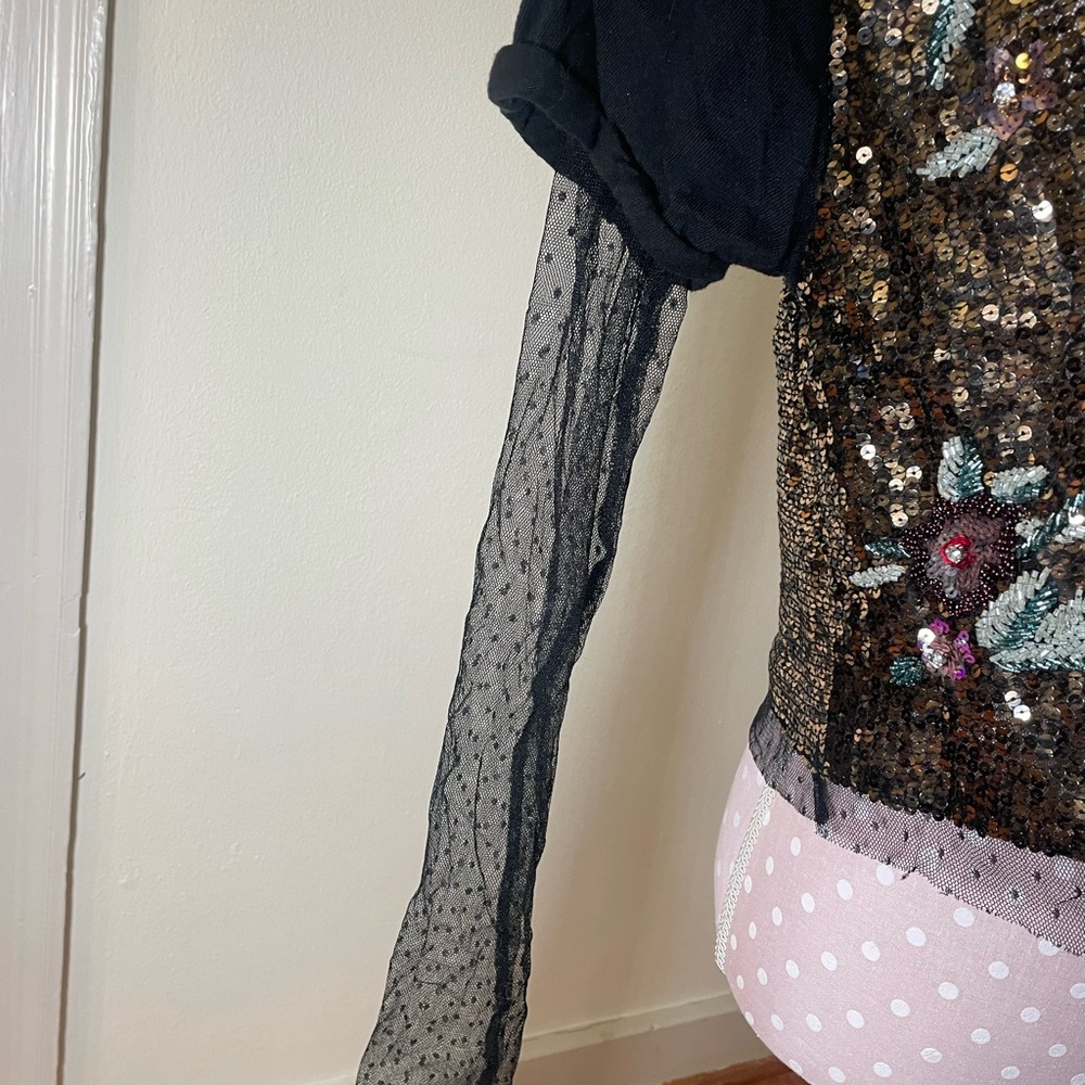 Free People Black Sequin Life Of The Party Mesh Sleeve Top - Picture 2 of 8